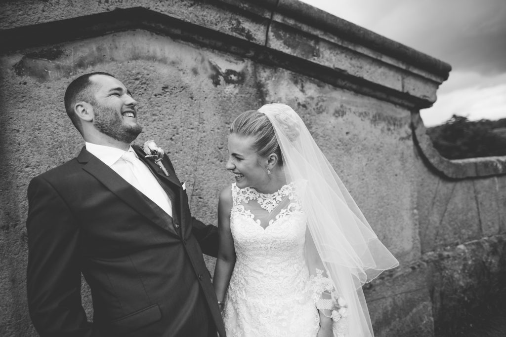 black and white photo of bride and groom at the Mytton and Mermaid