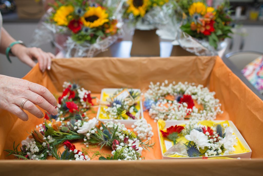 box of wedding flowers