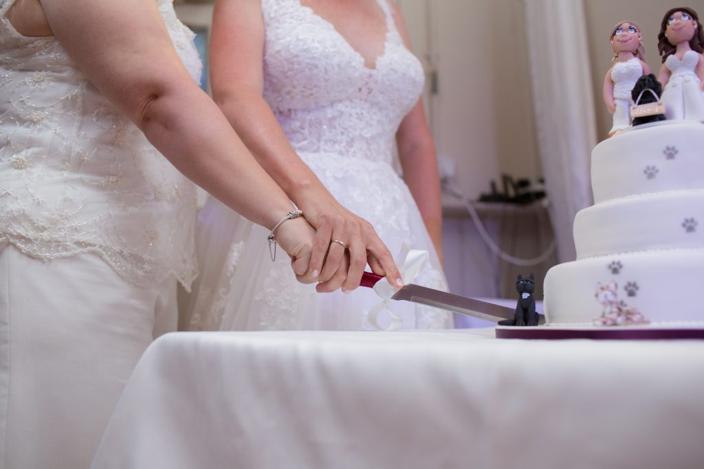 two brides cutting wedding cake